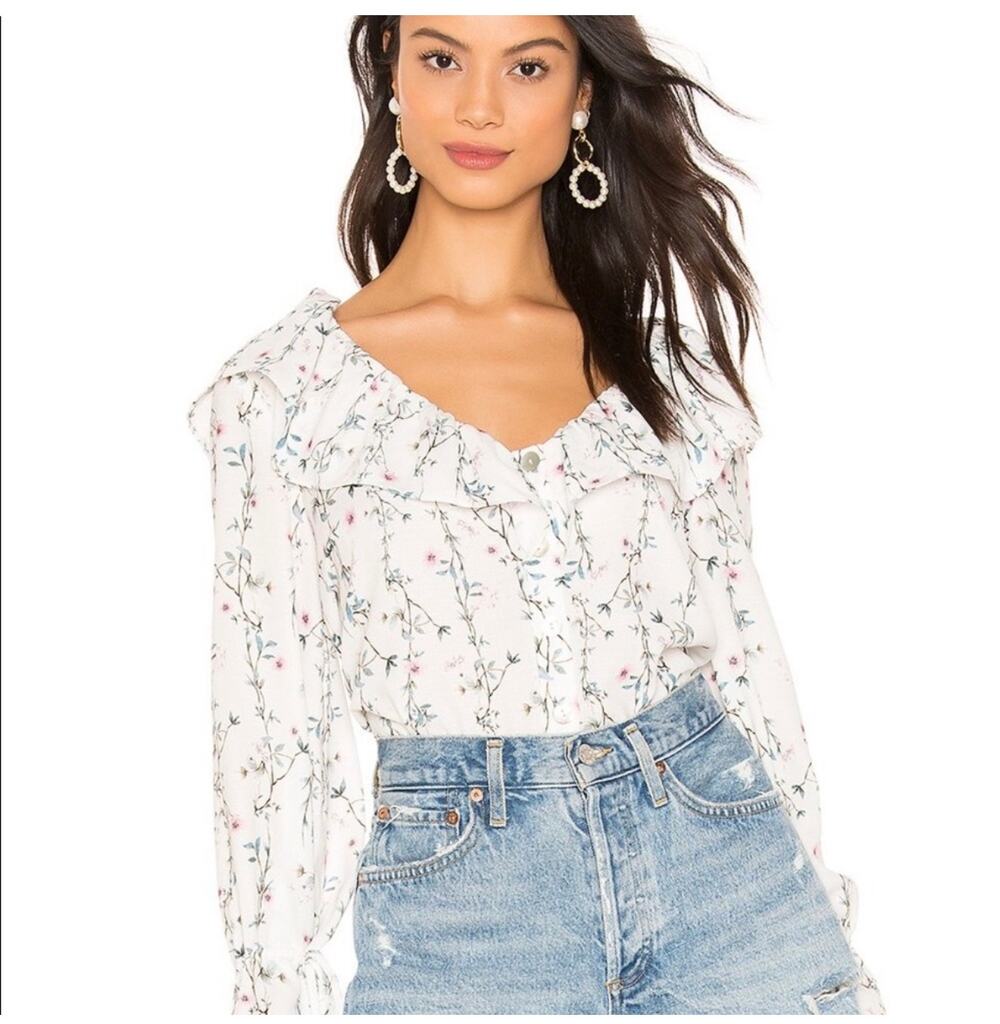Tularosa Cathrine Blouse Womens Medium Ivory Floral Ruffle Bell Sleeve Top